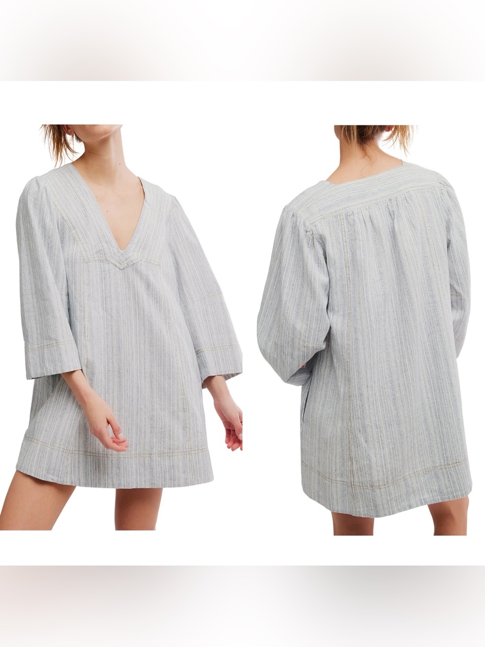 Free People Goldie Mini Dress Linen Cotton Striped Indigo Combo VNeck Size Small
